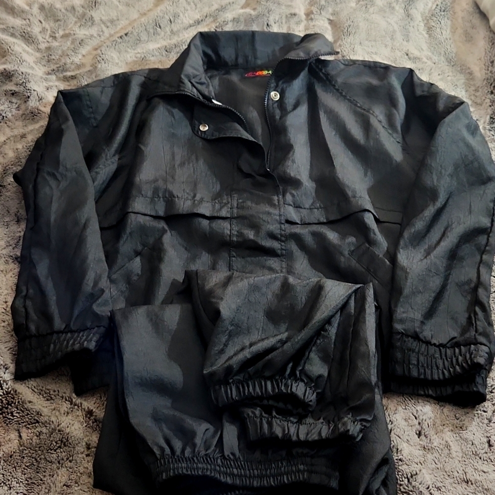90s Black Windbreaker Jacket and Pants sz Lrg